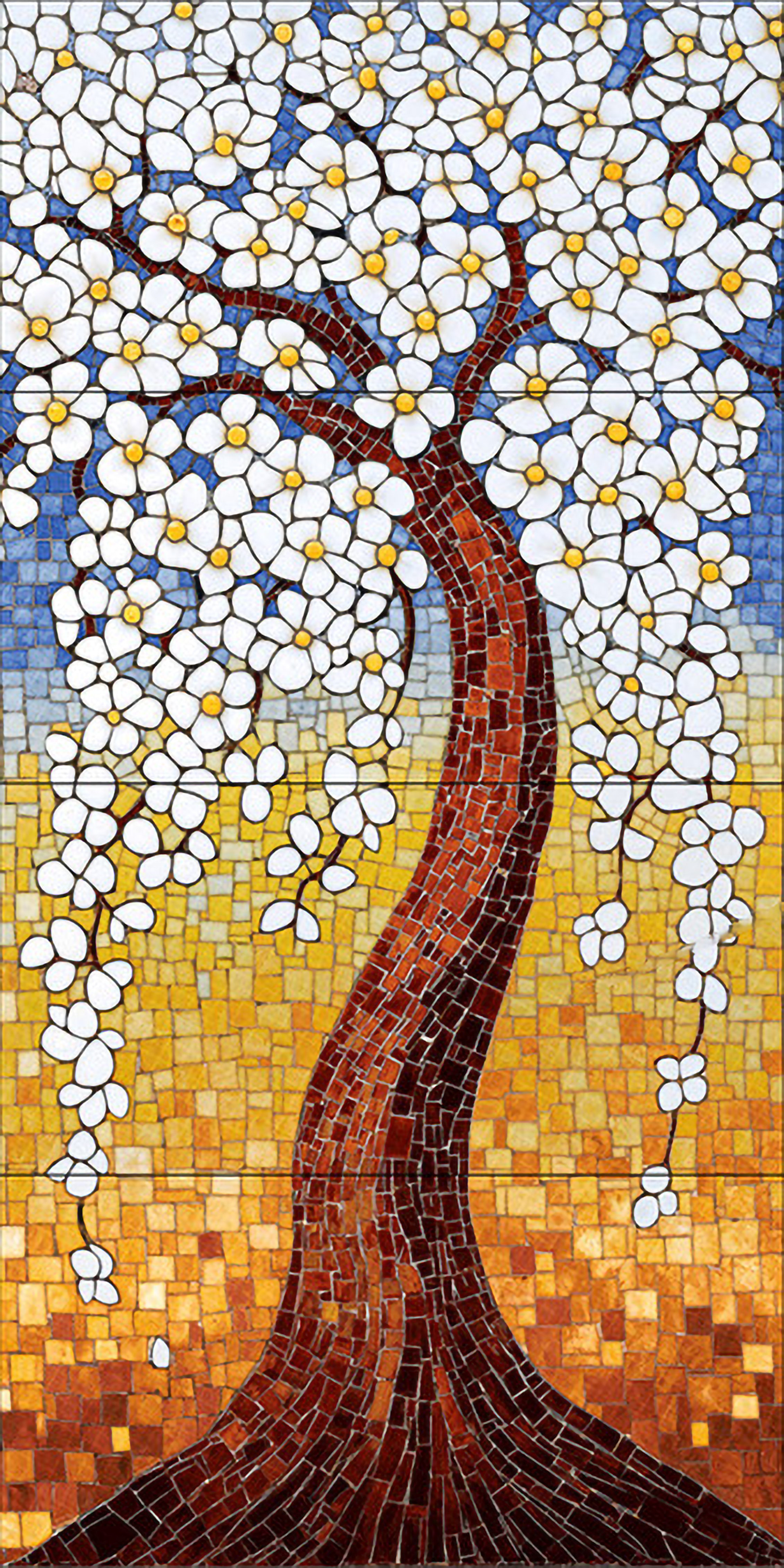 Faux Mosaic Mural Poster Wall Tile TL 07918 White Tree 4 ft x 2 ft Vitrified Glossy Punch Finish - 9 mm | Suitable For Living Room, Bedroom & Office