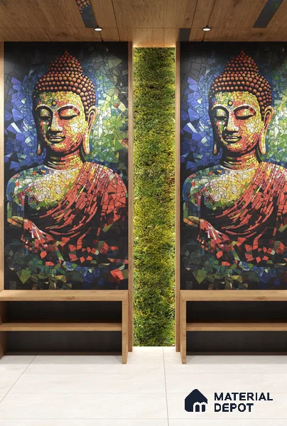 Faux Mosaic Mural Poster Wall Tile TL 12853 B Buddha Hood (C+D) 4 ft x 2 ft Glue Matt 4D Pro Finish Double Digital Vitrified Tile - 9 mm | (Order Set 1 & 2 Given Below For Full Frame)