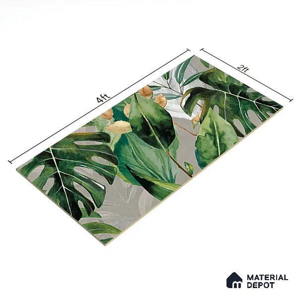 Tropical Wall Tile TL 07545 Monstera Grey Decor A 4 ft x 2 ft Designer Tiles Vitrified Matte Finish - 9 mm  Suitable For Living Room, Bedroom, Bathroom, Dining