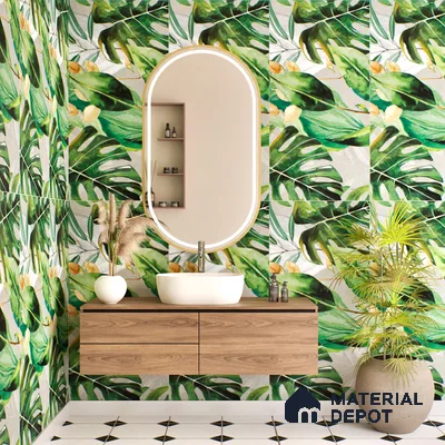 Tropical Wall Tile TL 07545 Monstera Grey Decor A 4 ft x 2 ft Designer Tiles Vitrified Matte Finish - 9 mm  Suitable For Living Room, Bedroom, Bathroom, Dining