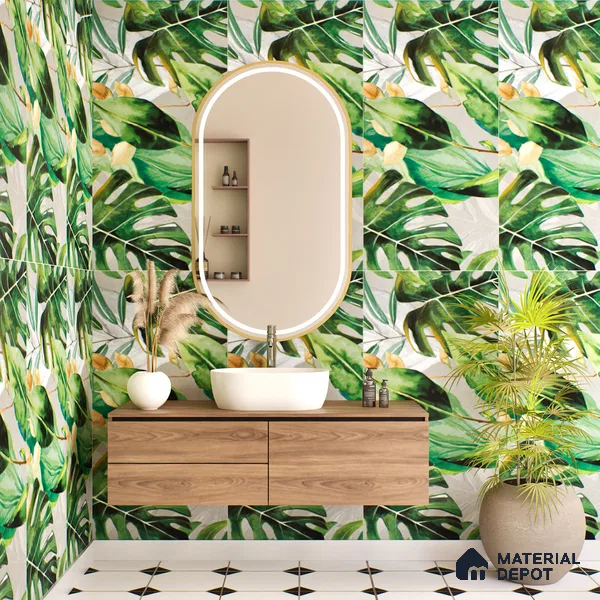 Tropical Wall Tile TL 07545 Monstera Grey Decor A 4 ft x 2 ft Designer Tiles Vitrified Matte Finish - 9 mm  Suitable For Living Room, Bedroom, Bathroom, Dining