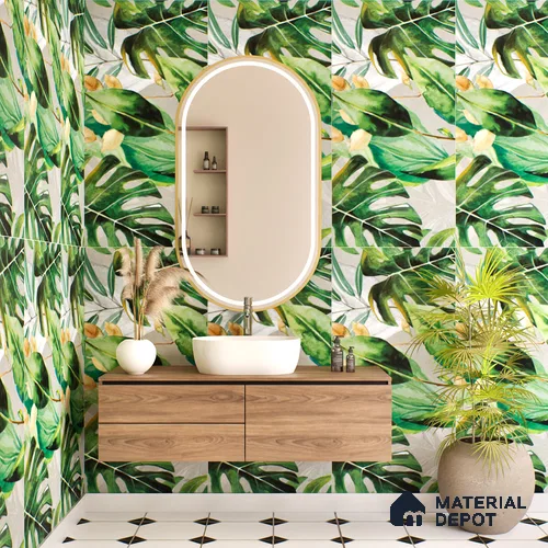 Tropical Wall Tile TL 07545 Monstera Grey Decor A 4 ft x 2 ft Designer Tiles Vitrified Matte Finish - 9 mm | Suitable for Bathroom, Accent/Feature Wall, Basin Area