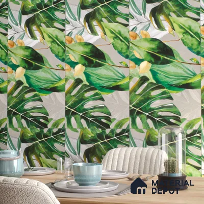Tropical Wall Tile TL 07545 Monstera Grey Decor A 4 ft x 2 ft Designer Tiles Vitrified Matte Finish - 9 mm  Suitable For Living Room, Bedroom, Bathroom, Dining