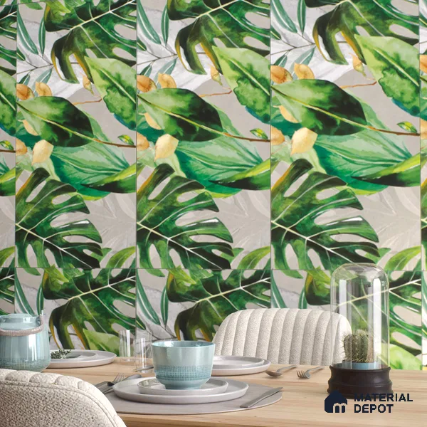 Tropical Wall Tile TL 07545 Monstera Grey Decor A 4 ft x 2 ft Designer Tiles Vitrified Matte Finish - 9 mm  Suitable For Living Room, Bedroom, Bathroom, Dining