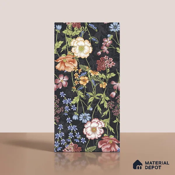 Floral Wall Tile TL 09917 4 ft x 2 ft Black Vitrified Matte Finish Tile - 9 mm | Suitable for Bathroom, Accent/Feature Wall, Foyer