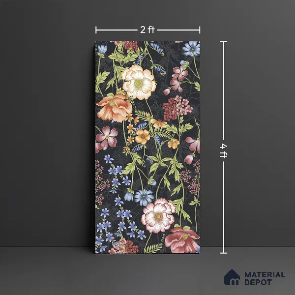 Floral Wall Tile TL 09917 4 ft x 2 ft Black Vitrified Matte Finish Tile - 9 mm | Suitable for Bathroom, Accent/Feature Wall, Foyer