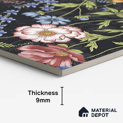 Floral Wall Tile TL 09917 4 ft x 2 ft Black Vitrified Matte Finish Tile - 9 mm | Suitable for Bathroom, Accent/Feature Wall, Foyer