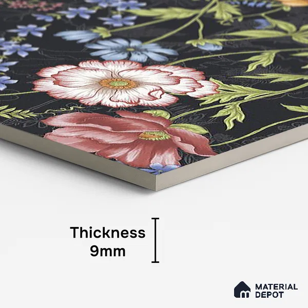 Floral Wall Tile TL 09917 4 ft x 2 ft Black Vitrified Matte Finish Tile - 9 mm | Suitable for Bathroom, Accent/Feature Wall, Foyer