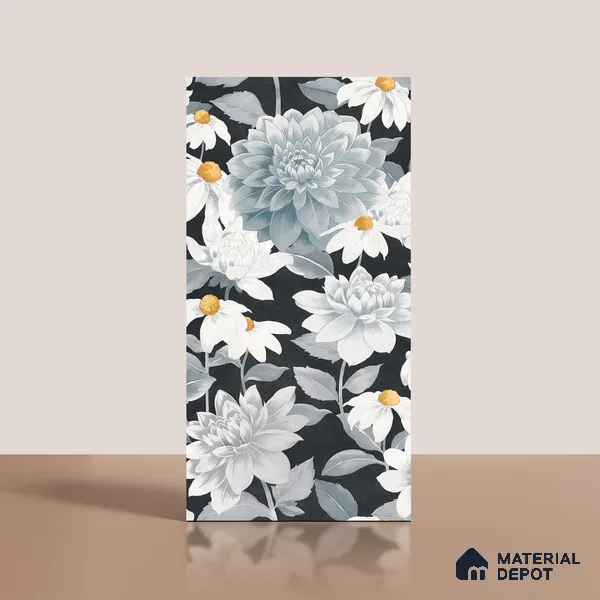 Floral Wall Tile TL 09927 B 4 ft x 2 ft Black Vitrified Matte Finish Tile - 9 mm | Suitable for Bathroom, Accent/Feature Wall, Foyer