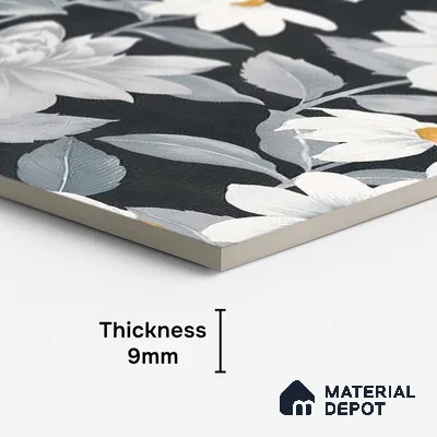 Floral Wall Tile TL 09927 B 4 ft x 2 ft Black Vitrified Matte Finish Tile - 9 mm | Suitable for Bathroom, Accent/Feature Wall, Foyer