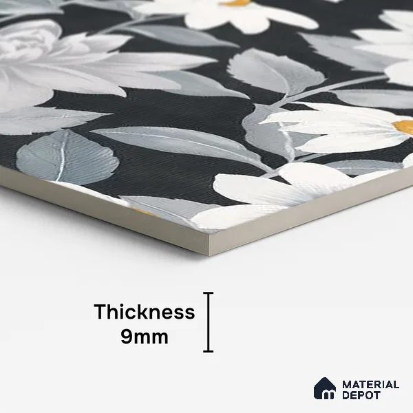 Floral Wall Tile TL 09927 B 4 ft x 2 ft Black Vitrified Matte Finish Tile - 9 mm | Suitable for Bathroom, Accent/Feature Wall, Foyer