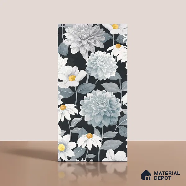 Floral Wall Tile TL 09927 4 ft x 2 ft Black Vitrified Matte Finish Tile - 9 mm | Suitable for Bathroom, Accent/Feature Wall, Foyer
