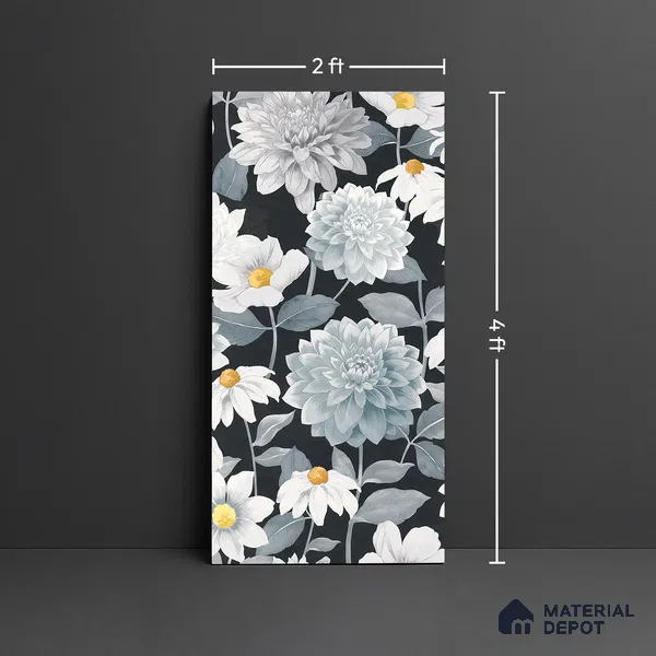 Floral Wall Tile TL 09927 4 ft x 2 ft Black Vitrified Matte Finish Tile - 9 mm | Suitable for Bathroom, Accent/Feature Wall, Foyer