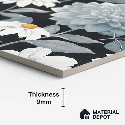 Floral Wall Tile TL 09927 4 ft x 2 ft Black Vitrified Matte Finish Tile - 9 mm | Suitable for Bathroom, Accent/Feature Wall, Foyer