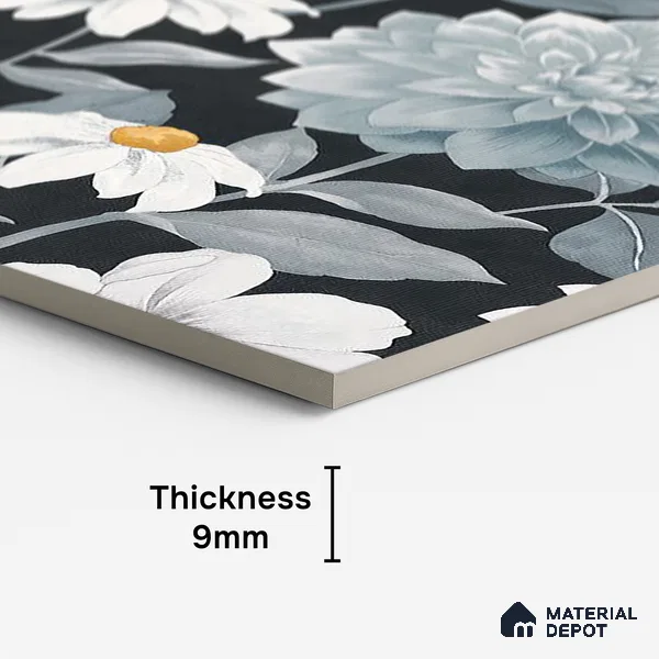 Floral Wall Tile TL 09927 4 ft x 2 ft Black Vitrified Matte Finish Tile - 9 mm | Suitable for Bathroom, Accent/Feature Wall, Foyer