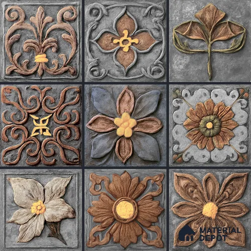 Handmade Third Fired Tumbled Tile TL 12983 C Slate Blossom 97x97 mm Glazed Matte Finish Embossed On Vitrified Mexican Series Tile - 11 mm | Custom Design & Individual Designs Available