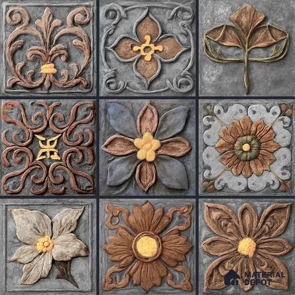 Handmade Third Fired Tumbled Tile TL 12983 C Slate Blossom 97x97 mm Glazed Matte Finish Embossed On Vitrified Mexican Series Tile - 11 mm | Custom Design & Individual Designs Available