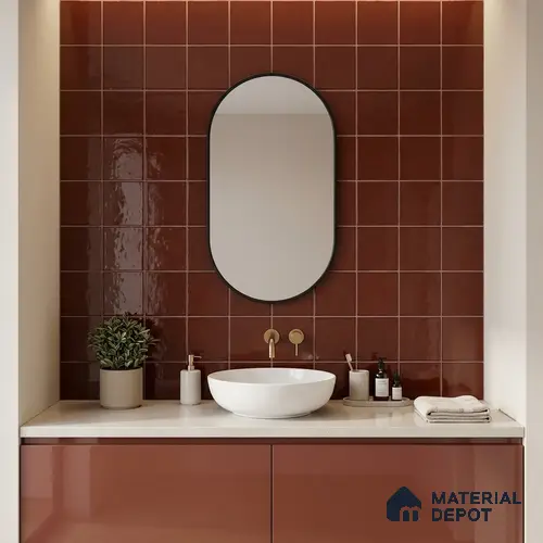 Subway Wall Tile TL 00055 AB 8x8 inch Red Brown Plain Glossy Finish Ceramic Tile - 6 mm | Please Expect a Slight Variation of Pattern