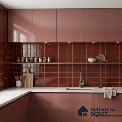 Subway Wall Tile TL 00055 M 4 x 4 inch Red Brown Plain Glossy Finish Ceramic Wall Tile - 5.8 mm | Suitable For Restaurant, Bathroom, Kitchen