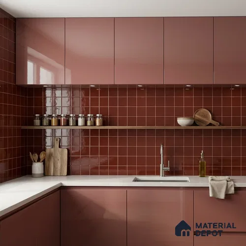 Subway Wall Tile TL 00055 M 4 x 4 inch Red Brown Plain Glossy Finish Ceramic Wall Tile - 5.8 mm | Suitable For Restaurant, Bathroom, Kitchen