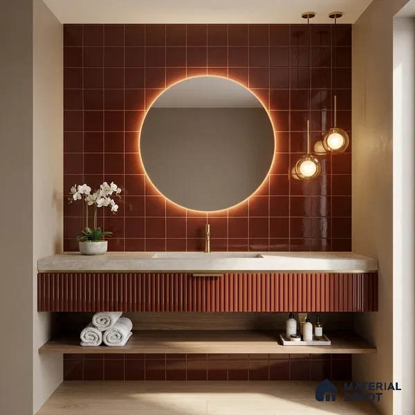 Subway Wall Tile TL 00055 M 4 x 4 inch Red Brown Plain Glossy Finish Ceramic Wall Tile - 5.8 mm | Suitable For Restaurant, Bathroom, Kitchen
