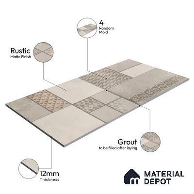 Parking Floor & Wall TL 00061 F Grayscale 2 ft x 1 ft Matte Finish Stone Vitrified Tile - 12 mm | 32 Random Faces | Suitable For Heavy Duty Outdoor Areas