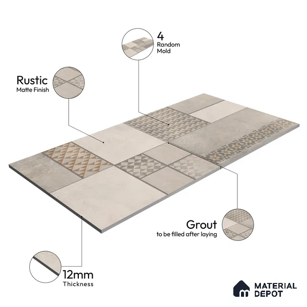 Parking Floor & Wall TL 00061 F Grayscale 2 ft x 1 ft Matte Finish Stone Vitrified Tile - 12 mm | 32 Random Faces | Suitable For Heavy Duty Outdoor Areas