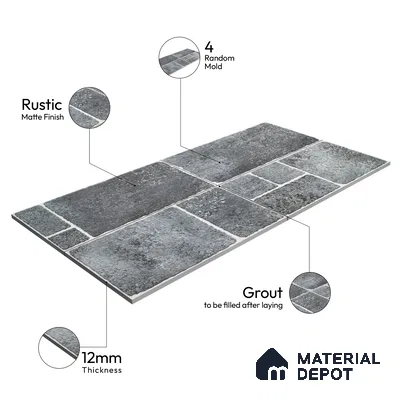 Parking Floor & Wall TL 00062 D Ash Grey 2 ft x 1 ft Matte Finish Stone Vitrified Tile - 12 mm | 32 Random Faces | Suitable For Heavy Duty Outdoor Areas
