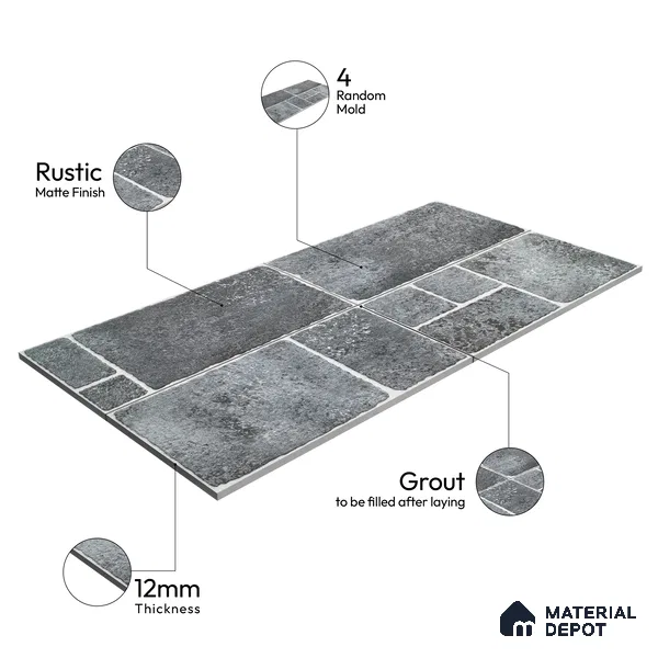Parking Floor & Wall TL 00062 D Ash Grey 2 ft x 1 ft Matte Finish Stone Vitrified Tile - 12 mm | 32 Random Faces | Suitable For Heavy Duty Outdoor Areas