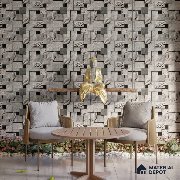 Floral Textured Wall Cladding Tile TL 00070 B Silver Leaf Grid 2 ft x 1 ft Textured Finish Vitrified Tile - 9 mm | Suitable for Elevation & Exterior Walls