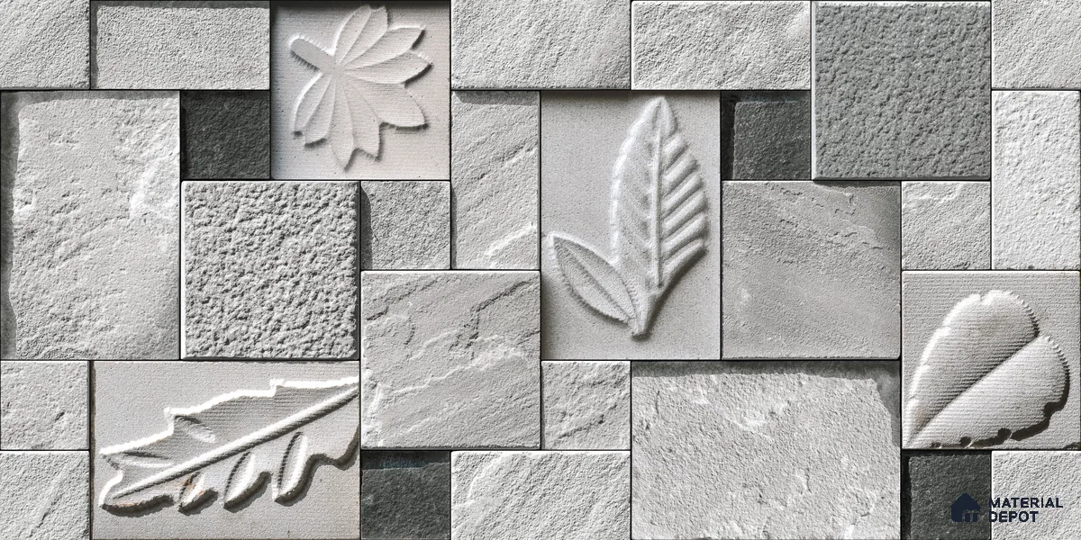 Floral Textured Wall Cladding Tile TL 00070 B Silver Leaf Grid 2 ft x 1 ft Textured Finish Vitrified Tile - 9 mm | Suitable for Elevation & Exterior Walls