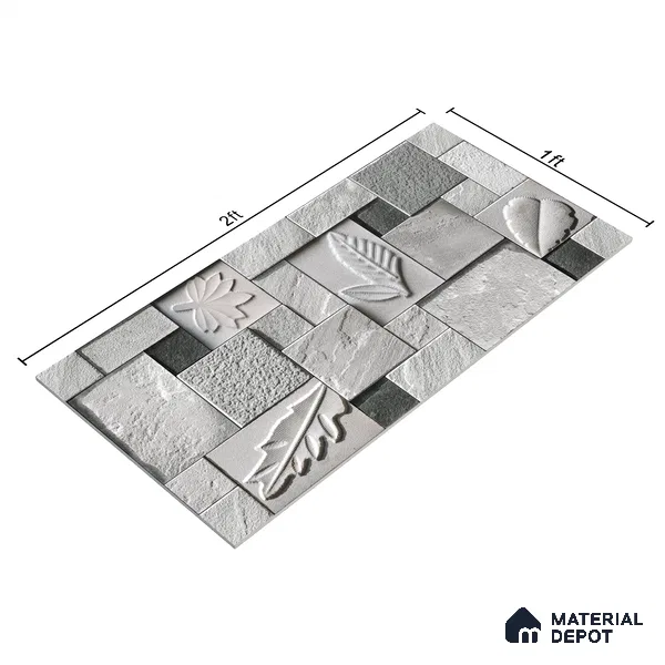 Floral Textured Wall Cladding Tile TL 00070 B Silver Leaf Grid 2 ft x 1 ft Textured Finish Vitrified Tile - 9 mm | Suitable for Elevation & Exterior Walls
