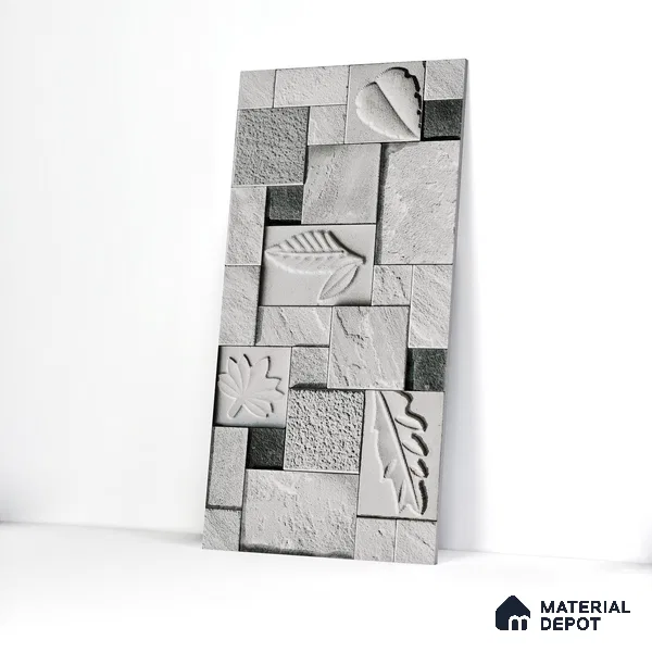 Floral Textured Wall Cladding Tile TL 00070 B Silver Leaf Grid 2 ft x 1 ft Textured Finish Vitrified Tile - 9 mm | Suitable for Elevation & Exterior Walls
