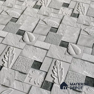 Floral Textured Wall Cladding Tile TL 00070 B Silver Leaf Grid 2 ft x 1 ft Textured Finish Vitrified Tile - 9 mm | Suitable for Elevation & Exterior Walls