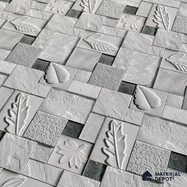 Floral Textured Wall Cladding Tile TL 00070 B Silver Leaf Grid 2 ft x 1 ft Textured Finish Vitrified Tile - 9 mm | Suitable for Elevation & Exterior Walls