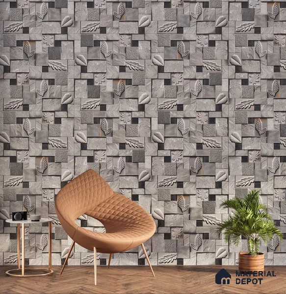 Floral Textured Wall Cladding Tile TL 00070 B Silver Leaf Grid 2 ft x 1 ft Textured Finish Vitrified Tile - 9 mm | Suitable for Elevation & Exterior Walls
