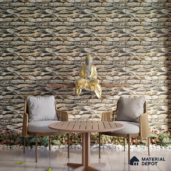 Stone Textured Wall Cladding Tile TL 00089 B Natural Pebble Stone 2 ft x 1 ft Textured Finish Vitrified Tile - 9 mm | Suitable for Elevation, Exterior Walls, Living Room, Bathroom & Highlighter Wall