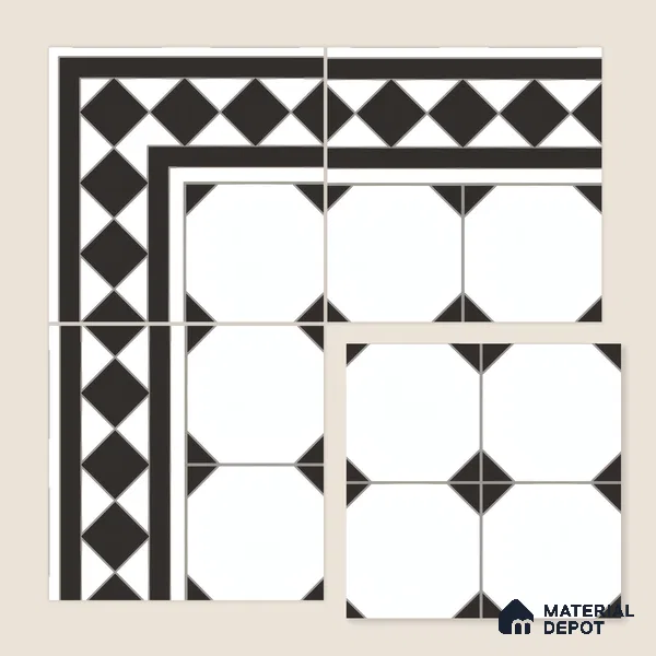 Moroccan Carpet Floor Tile TL 00202 B Border Monochrome 1 ft x 1 ft Matte Finish Ceramic Tile - 9 mm | Suitable For Living Room, Kitchen, Dining Area | Please Expect a Slight Variation of Pattern