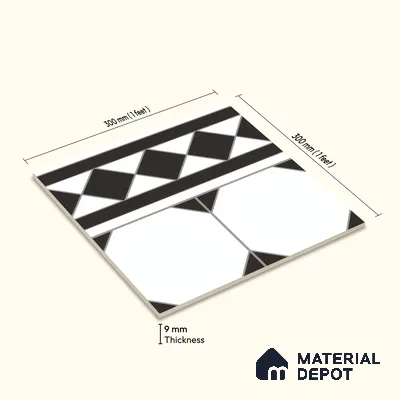 Moroccan Carpet Floor Tile TL 00202 B Border Monochrome 1 ft x 1 ft Matte Finish Ceramic Tile - 9 mm | Suitable For Living Room, Kitchen, Dining Area | Please Expect a Slight Variation of Pattern