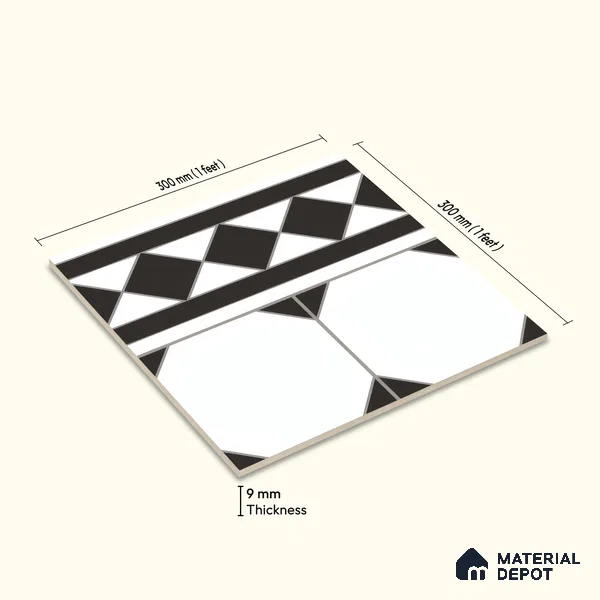 Moroccan Carpet Floor Tile TL 00202 B Border Monochrome 1 ft x 1 ft Matte Finish Ceramic Tile - 9 mm | Suitable For Living Room, Kitchen, Dining Area | Please Expect a Slight Variation of Pattern