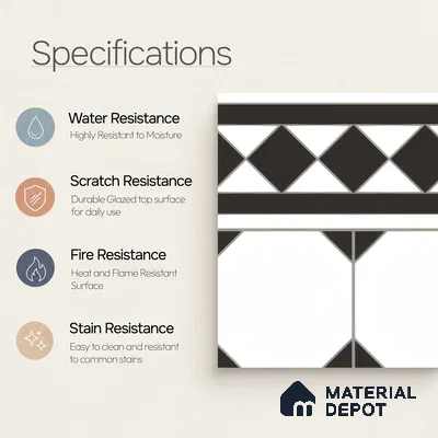 Moroccan Carpet Floor Tile TL 00202 B Border Monochrome 1 ft x 1 ft Matte Finish Ceramic Tile - 9 mm | Suitable For Living Room, Kitchen, Dining Area | Please Expect a Slight Variation of Pattern