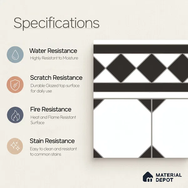Moroccan Carpet Floor Tile TL 00202 B Border Monochrome 1 ft x 1 ft Matte Finish Ceramic Tile - 9 mm | Suitable For Living Room, Kitchen, Dining Area | Please Expect a Slight Variation of Pattern