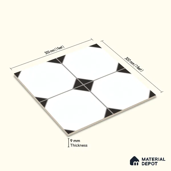 Moroccan Carpet Wall & Floor Tile TL 00202 C Centre Monochrome 1 ft x 1 ft Matte Finish Ceramic Tile - 9 mm | Suitable For Living Room, Kitchen, Bathroom | Please Expect a Slight Variation of Pattern