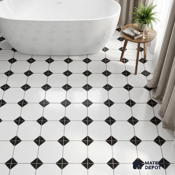 Moroccan Carpet Wall & Floor Tile TL 00202 C Centre Monochrome 1 ft x 1 ft Matte Finish Ceramic Tile - 9 mm | Suitable For Living Room, Kitchen, Bathroom | Please Expect a Slight Variation of Pattern