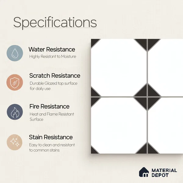 Moroccan Carpet Wall & Floor Tile TL 00202 C Centre Monochrome 1 ft x 1 ft Matte Finish Ceramic Tile - 9 mm | Suitable For Living Room, Kitchen, Bathroom | Please Expect a Slight Variation of Pattern