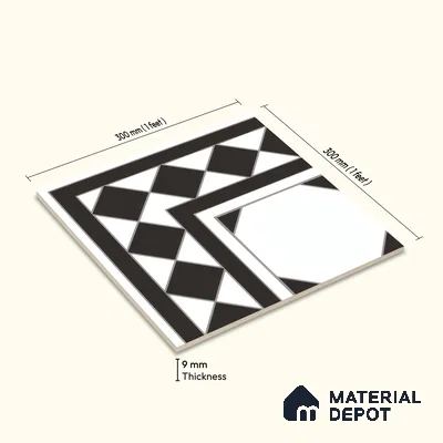 Moroccan Carpet Floor Tile TL 00202 A Corner Monochrome 1 ft x 1 ft Matte Finish Ceramic Tile - 9 mm | Suitable For Living Room, Kitchen, Dining Area | Please Expect a Slight Variation of Pattern