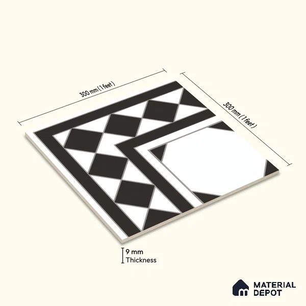 Moroccan Carpet Floor Tile TL 00202 A Corner Monochrome 1 ft x 1 ft Matte Finish Ceramic Tile - 9 mm | Suitable For Living Room, Kitchen, Dining Area | Please Expect a Slight Variation of Pattern