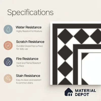 Moroccan Carpet Floor Tile TL 00202 A Corner Monochrome 1 ft x 1 ft Matte Finish Ceramic Tile - 9 mm | Suitable For Living Room, Kitchen, Dining Area | Please Expect a Slight Variation of Pattern