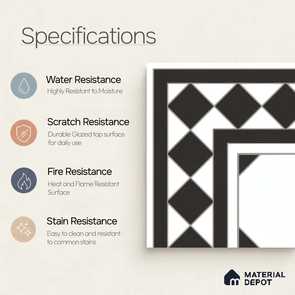 Moroccan Carpet Floor Tile TL 00202 A Corner Monochrome 1 ft x 1 ft Matte Finish Ceramic Tile - 9 mm | Suitable For Living Room, Kitchen, Dining Area | Please Expect a Slight Variation of Pattern