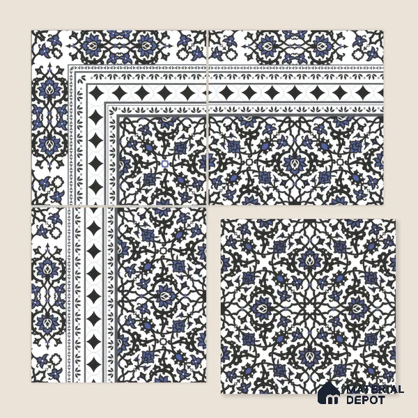 Moroccan Carpet Floor Tile TL 00203 B Border Blue 1 ft x 1 ft Matte Finish Ceramic Tile - 9 mm | Suitable For Living Room, Kitchen, Dining Area | Please Expect a Slight Variation of Pattern